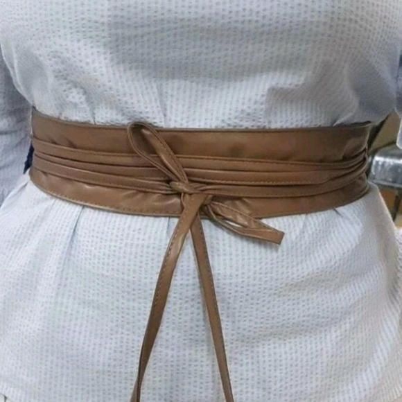 Womens Brown vegan leather corset wide tie waist boho cinch wrap obi belt - Picture 16 of 16